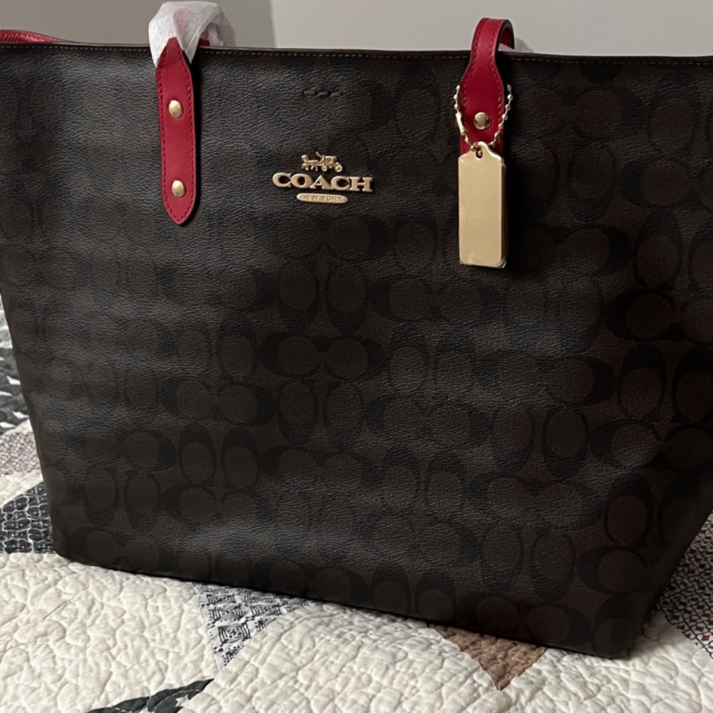 Coach Dark Brown Tote with Red Straps - NWT!